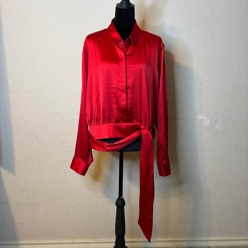 Express Portofino Red Satin Top Tie Waist XL Blouse Long Sleeve Mob Wife Shirt